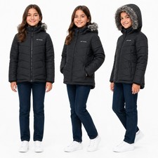 Columbia Girls Youth Small Black Puffer Jacket Faux Fur Hood Winter Coat
