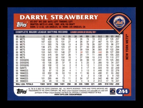 2023 Topps Archives #244 Darryl Strawberry New York Mets - Picture 2 of 2