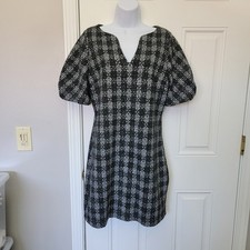 Express Plaid Short Puff Sleeve Black Gray V Neck Lined Mini Dress Size Medium