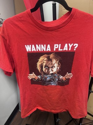 Chucky Wanna Play? T Shirt Mens Large Red Child s Play Horror Movie Graphic Tee