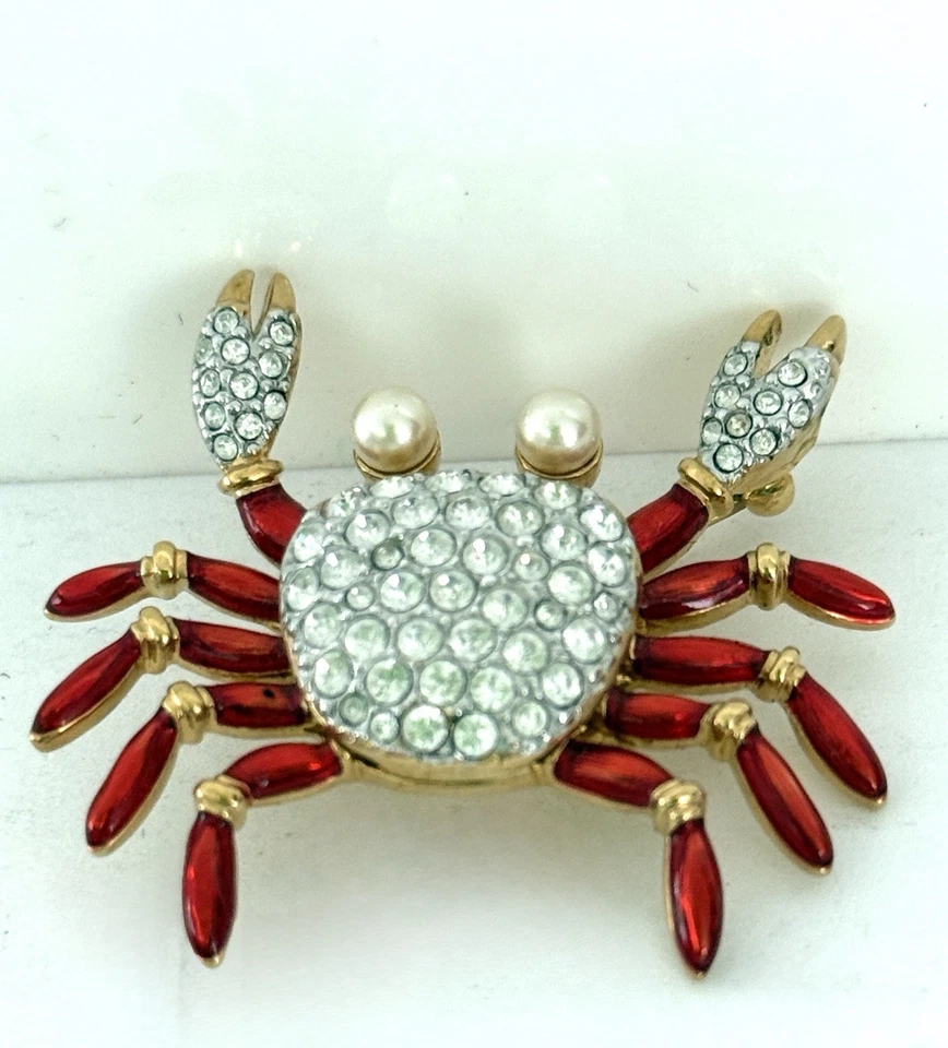Swarovski Crystals Encrusted Crab Brooch Red Enamel Gold Tone Pin w/ Pearl Eyes - Image 2 of 4