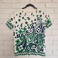 Vtg 60s Knit Blouse Paisley Groovy, White, Green, Blue, Zip Back, Devon, Medium
