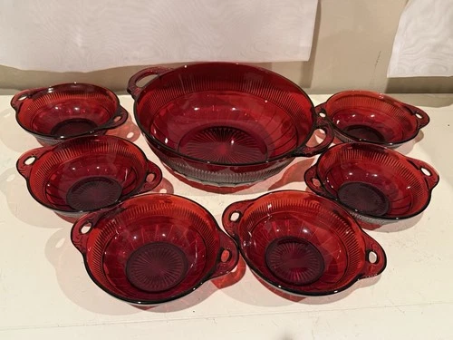 Vintage Anchor Hocking Coronation Red Ruby Fruit  Bowl Set of 7 Depression Glass