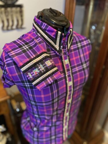 Western All Day Purple & Black Plaid Hidden Zipper Retro Horse Show Shirt