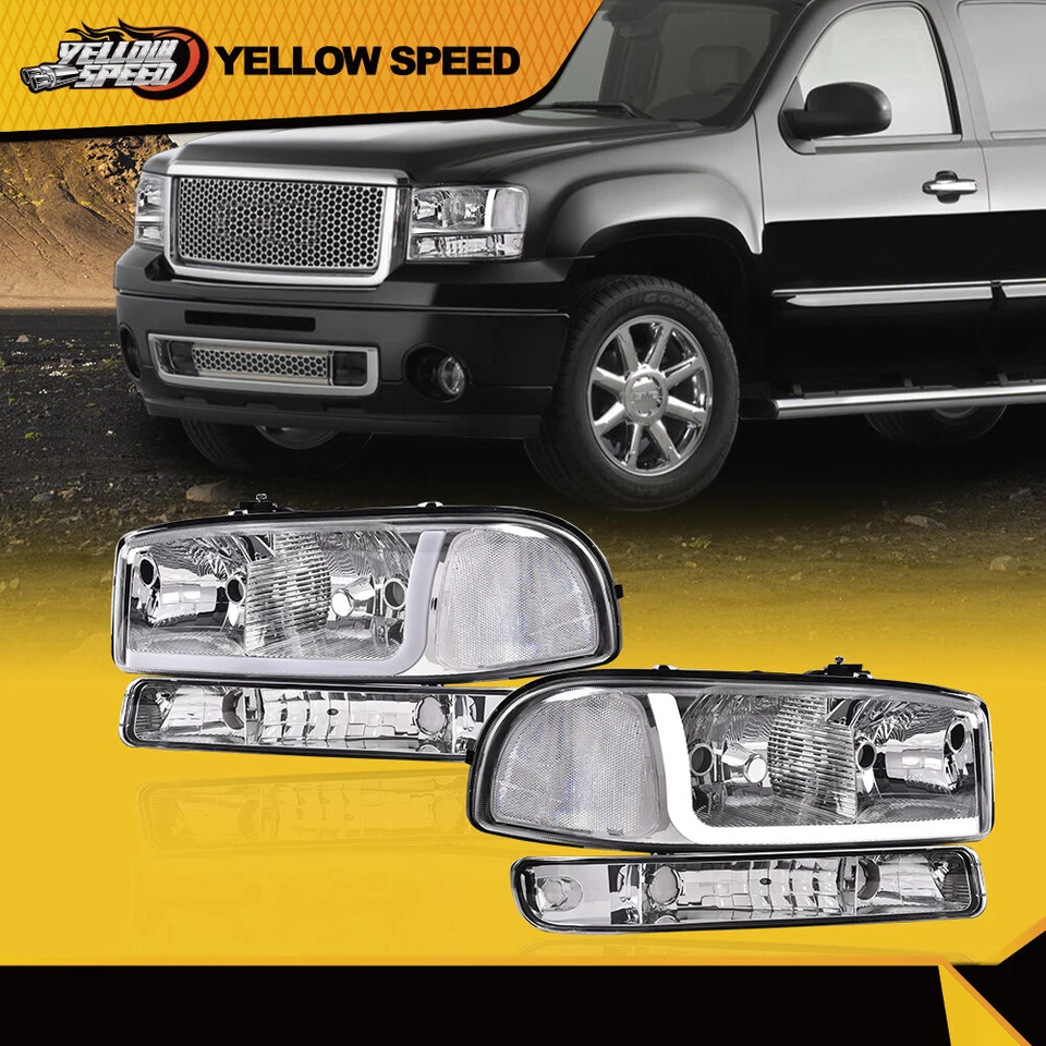 Compatível com 99-07 GMC Sierra 1500-3500 LED DRL faróis cromados/claros +lâmpadas de para-choque - Imagem 2 de 4