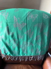 Pashmina Large Green w Gray Butterfly Jacquard Woven Neck Scarf w Fringe - 27.5