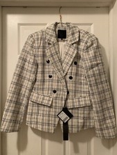 Mina Self Plaid Double Breasted Tweed Blazer Jacket With Pocket-Medium-WhiteBlue