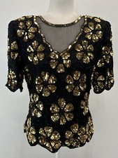 Vtg Stenay Sequin Blouse Shirt Sz Medium Women  s Black Gold Daisy Floral 80s