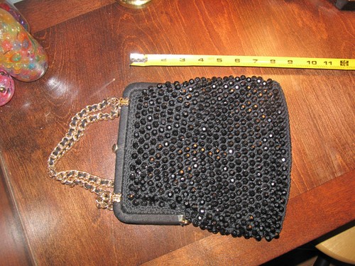 Vintage Clutch Purse Handbag Black Beaded LEFCORT chain Handle - Picture 4 of 7