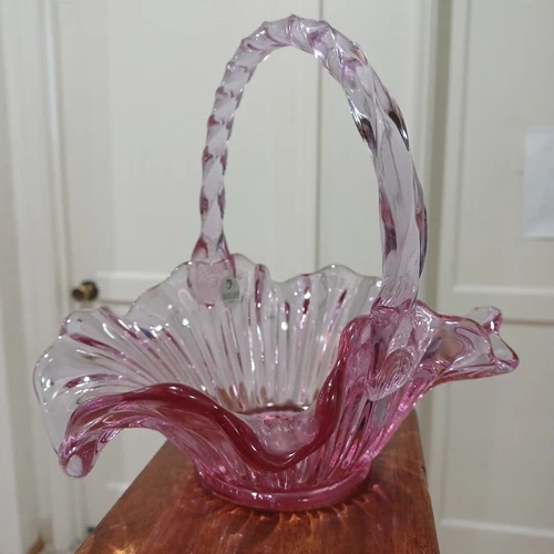 Fenton Anniversary Art Glass Basket Hand Made US Pink with Applied Handle Clear