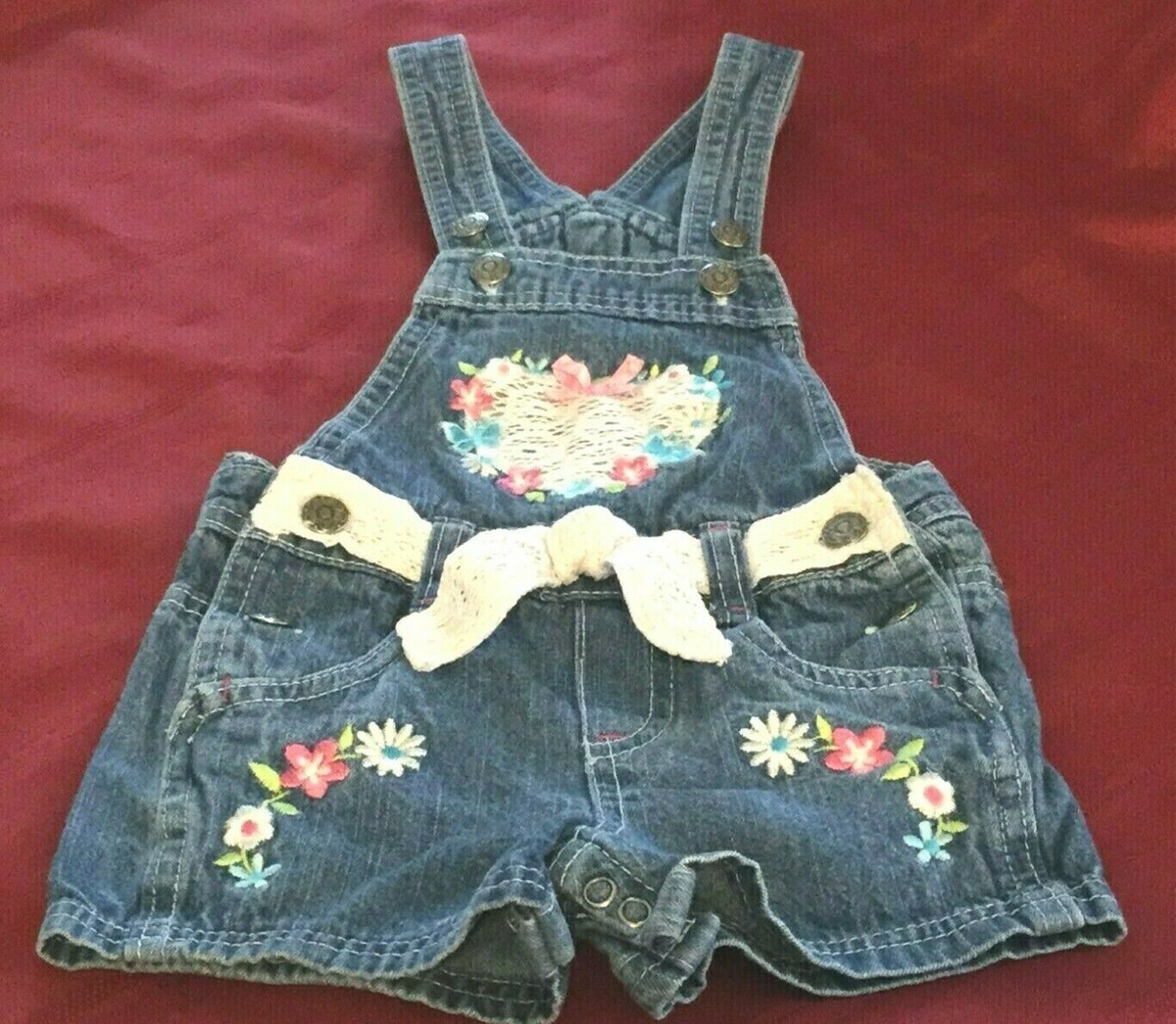 Girl's Jean Short Overalls Heart Shaped Floral Lace w/Lace Belt 18 Mos Snap  Legs - Main Image