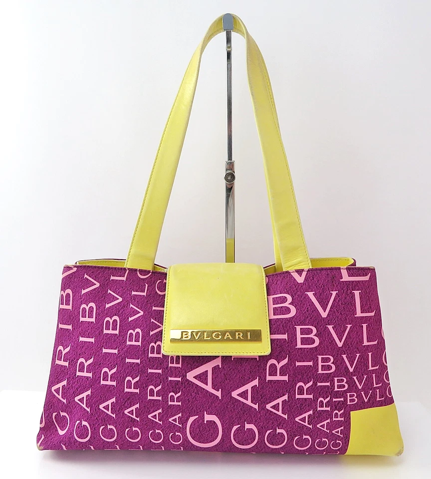 BVLGARI Purple Nylon and Yellow Leather Flap Cover Tote Bag Purse #55655 - Image 2 of 4