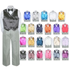4pc Infant Baby Toddler Boys Pick Vest Bow Tie Formal Gray Pants Suit Set S-7