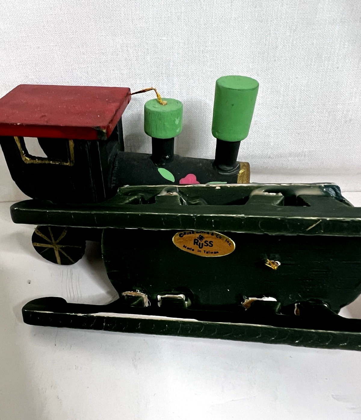 7 Vintage Russ Berrie & Co. Wood Christmas Ornaments Sled, Balloon, Horse, Train