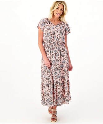 Destination 365 Regular Printed Short-Sleeve Midi Dress with Smocking -Medium-