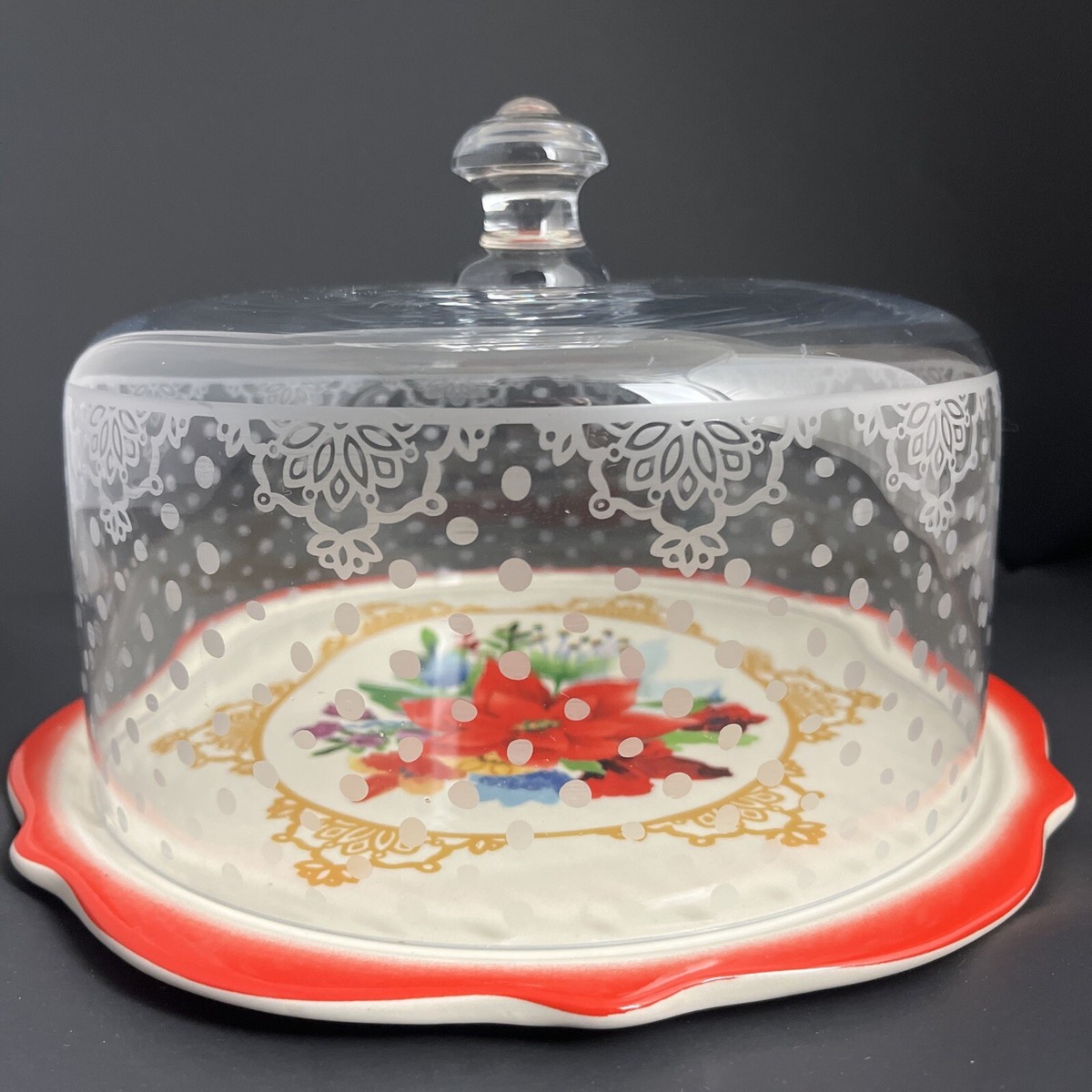 Pioneer Woman Winter Bouquet Holiday Cake Plate Polka Dot GLASS