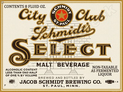 Schmidt's City Club Select Malt Beverage Label 18'' x 24'' Metal Sign
