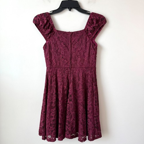 Zunie Puff Sleeve Emma Babydoll Dress Size 10 Girls Maroon Stretch Lace - Picture 4 of 6