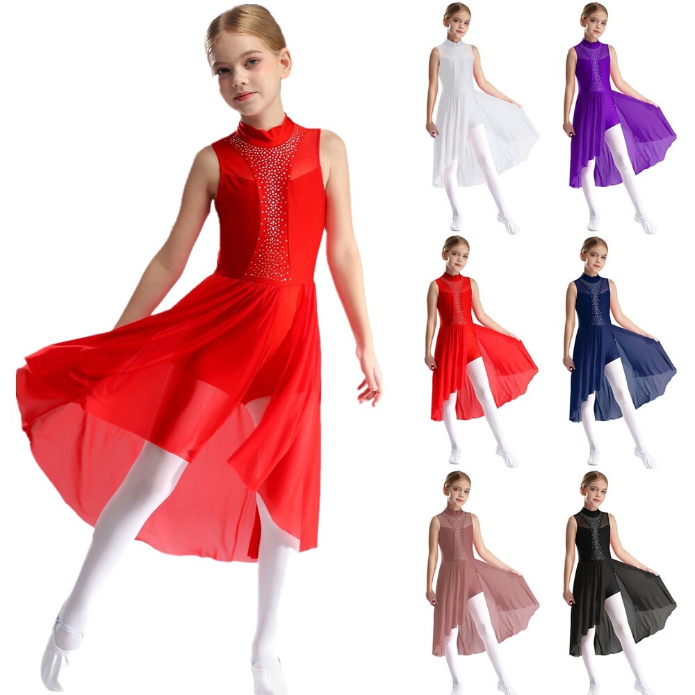 Kids Girls Dance Dress Sparkly Dancewear Rhinestone Dresses Mock Neck Flowy  | eBay