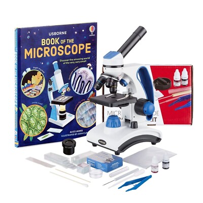 AmScope 40X-1000X Dual Light Glass Lens Student Microscope, Slides, Stains, Book
