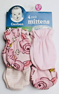 NWT GERBER 4 Pack Baby Girl Scratch Mittens Gloves 0-3 Month Pink Flowers NEW