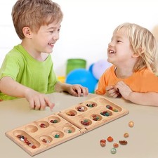 Solid Wood Mancala Game Set with Colorful Quartz Pebbles - Perfect for 2 Players