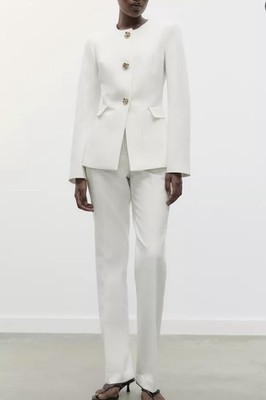 Zara Womens Blazer &Trousers suit Size M White Tailored collarless 2399/593 NWT