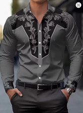 New Men Long-Sleeved Shirt Western Cowboy Style Vintage Pattern Printed Lapel