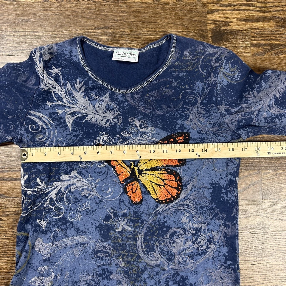 Camisa Cactus Bay Mujer Pequeña Azul Mariposa Estrás Manga 3/4 Hecha en EE. UU. Foto 4 de 4