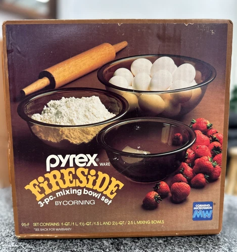 Vintage PYREX WARE Fireside 3 Piece Mixing Bowl Set 95 F-Complete New Unopened