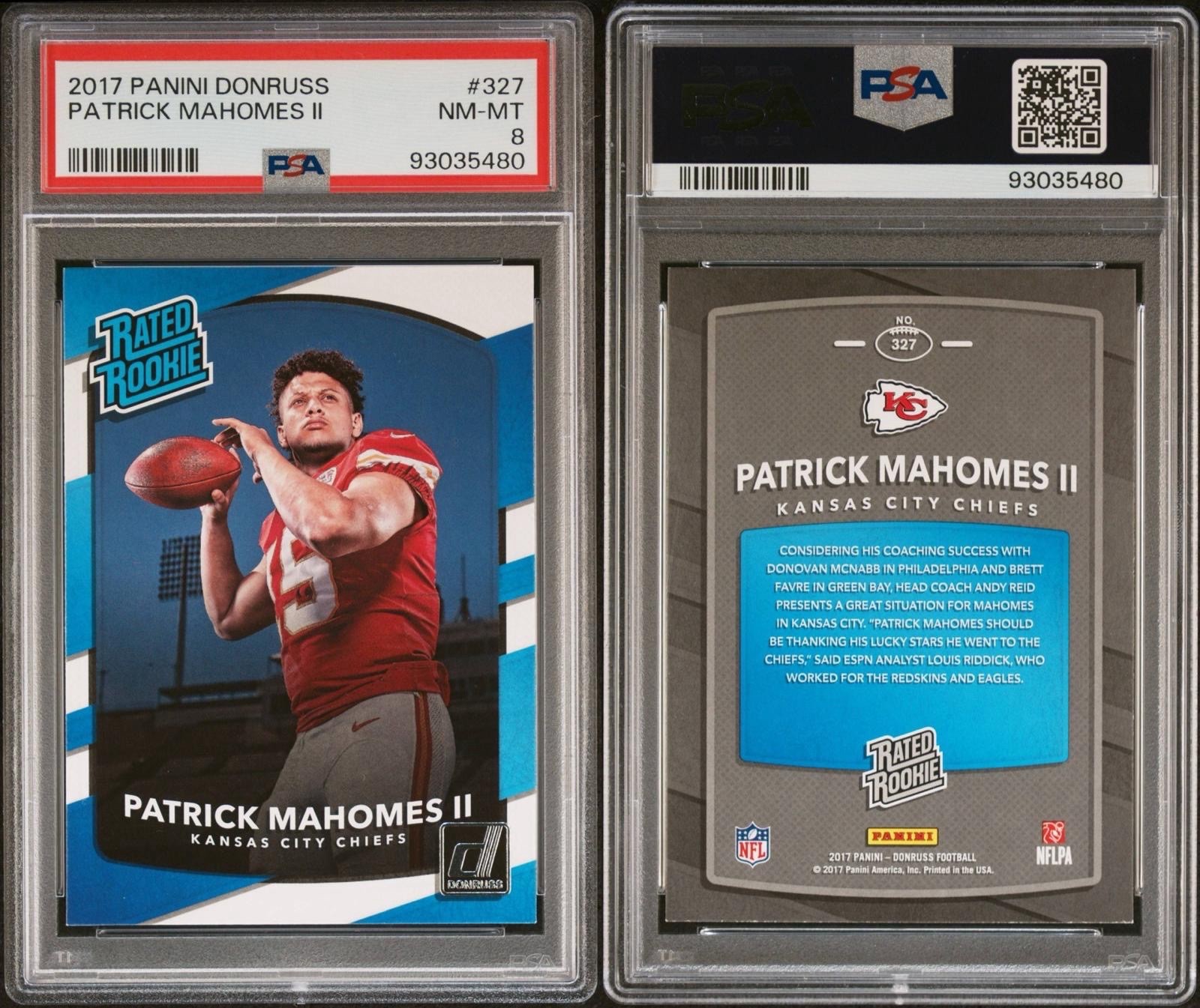 Panini Donruss 2017 Patrick Mahomes II Rated Rookie RC #327 Chiefs PSA 8 view 3
