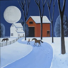 Original Folk Art Painting Leading Man Horse Country Winter Landscape Snow Farm