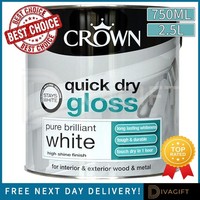 CROWN QUICK DRY BRILLIANT WHITE GLOSS PAINT FOR WOOD METAL INTERIOR EXTERIOR NEW