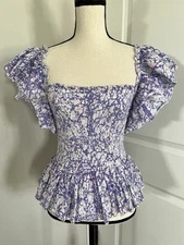 Love The Label Purple & Pink Smocked Peplum Blouse Size Small EUC