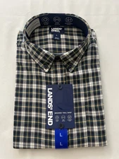 Lands End Flannel Shirt Mens Large Green Brushed Twill Lightweight Soft Casual