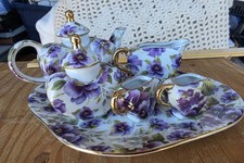 7 Piece Miniature Purple Violet Gold Trim Floral Tea Set
