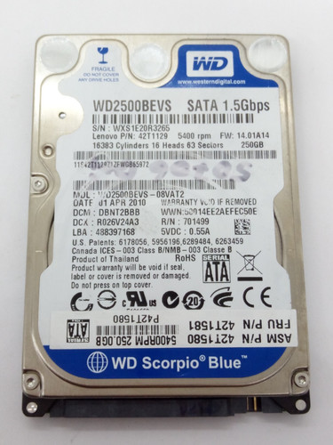 WESTERN DIGITAL *WD2500BEVS-08VAT2* 250GB* SATA HDD Notebook 2,5 Zoll #NFP1774