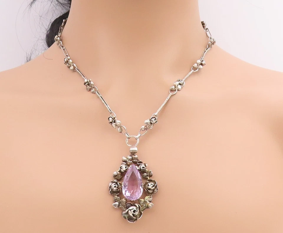 Collar Vintage Plata de Ley 925 ALEMANIA Amatista Tallada Floral Rosa NE4712 Foto 3 de 4