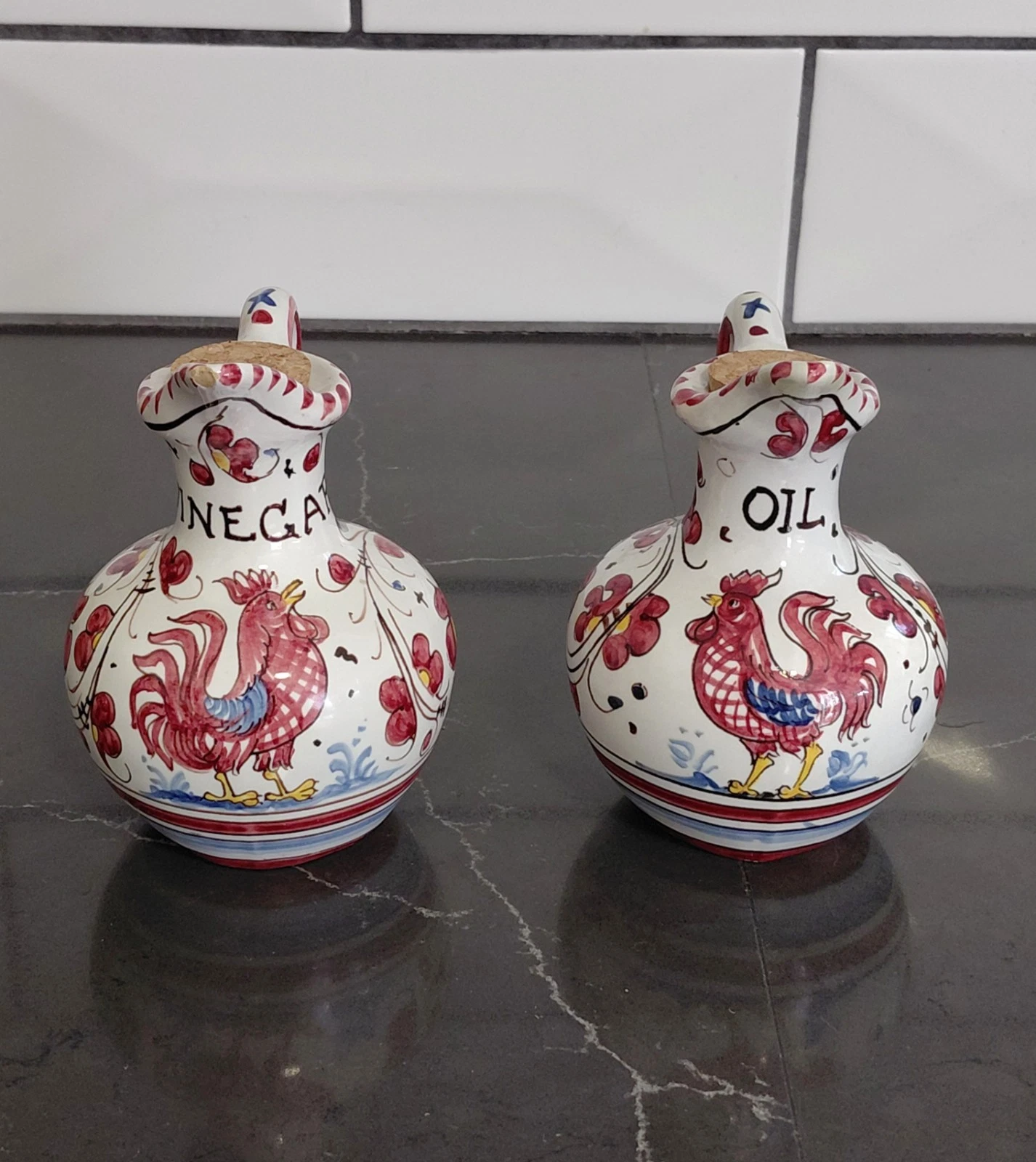 Vintage PV Italy Majolica Pottery Oil and Vinegar Cruets, Red Rooster Motif