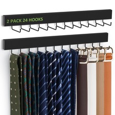 2 PCS Black Wooden Tie Rack Wall Mounted Belt Organizer 24 NonSlip Hooks