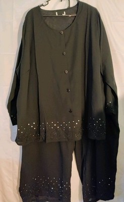 Ulla Popken Top and Pants Set, Plus Size 28/30 Sheer Sequins Beads