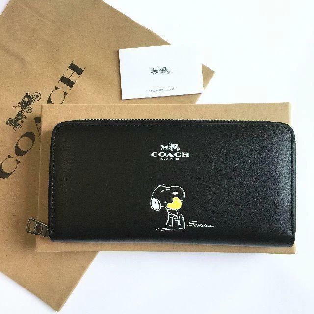 Coach Snoopy Peanuts Round Zipper Long Wallet Leather Black | eBay