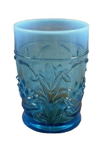 Vintage 4 Capri Turquoise Blue Glass Tumblers White Flowers  Vintage Pat Au glassware display picture 1