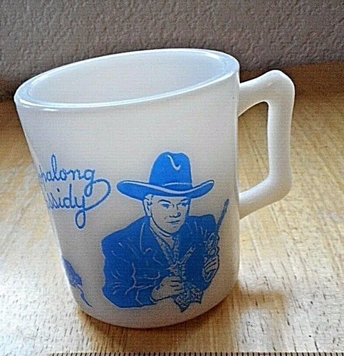 50's Hopalong Cassidy Child's Mug Atlas White Milk Glass Blue Design