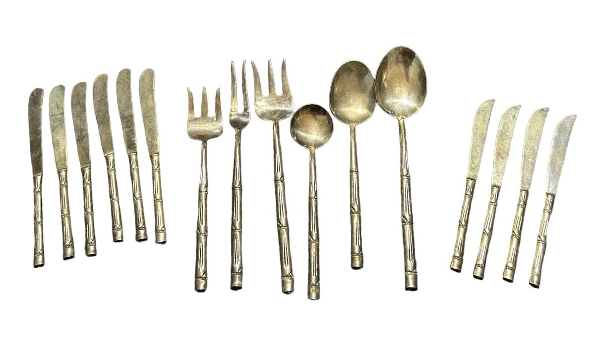 16 Thailand Nickel Bronze Bamboo Flatware Knives Serving Spoons & Forks Carving