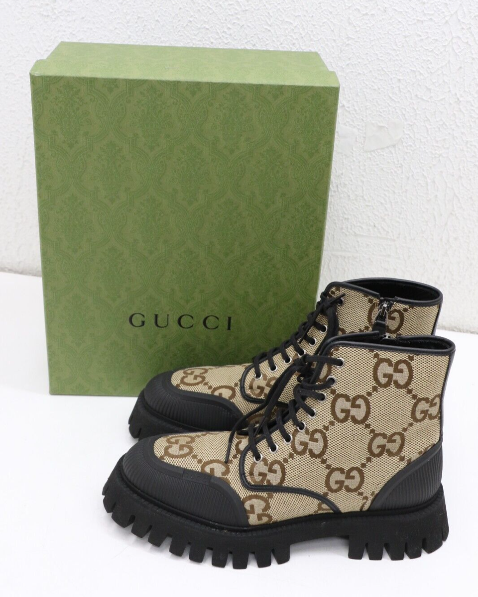 Gucci Maxi GG Supreme Brown Canvas Combat Lace up Men Boot Gucci Maxi GG Supreme Brown Canvas Combat Lace up Men Boot