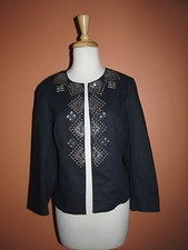 Chico's Size 0 XS 4-6 Navy Blue Embellished Open Front Linen Cotton Jacket