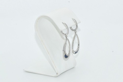 14K White Gold 3/4 CT Diamond 1/6 CT Sapphire Teardrop Drop Dangle Pave Earring - Picture 3 of 10