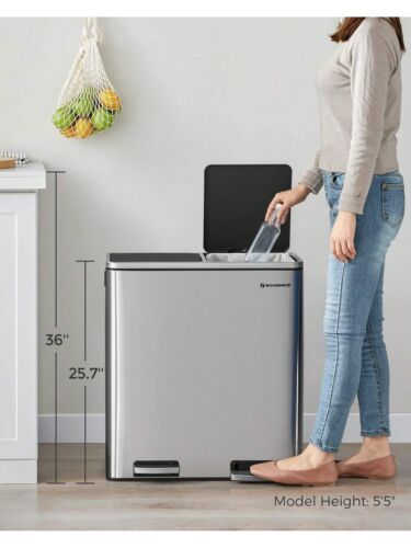 SONGMICS Dual Trash Can, 16 Gallon (60 L) Garbage Can For Kitchen,2 Compartments