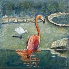 Original Oil Painting Flamingo Bird Wildlife Florida Animal Landscape Fine Art